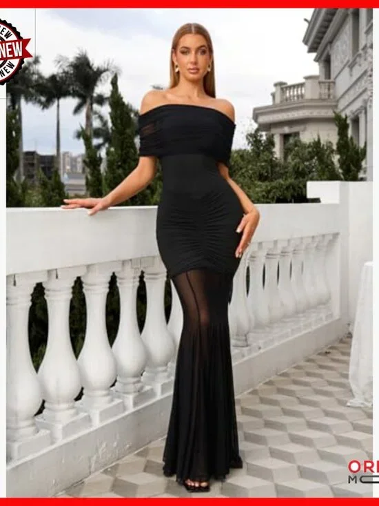Strapless Off Shoulder Bodycon Maxi Dress Ruched Formal Party Long - Picture 4 of 5